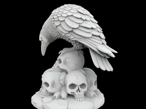 Gothic Raven Skull Statue 3D Baskı Modeli
