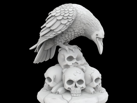 Gothic Raven Skull Statue 3D Baskı Modeli