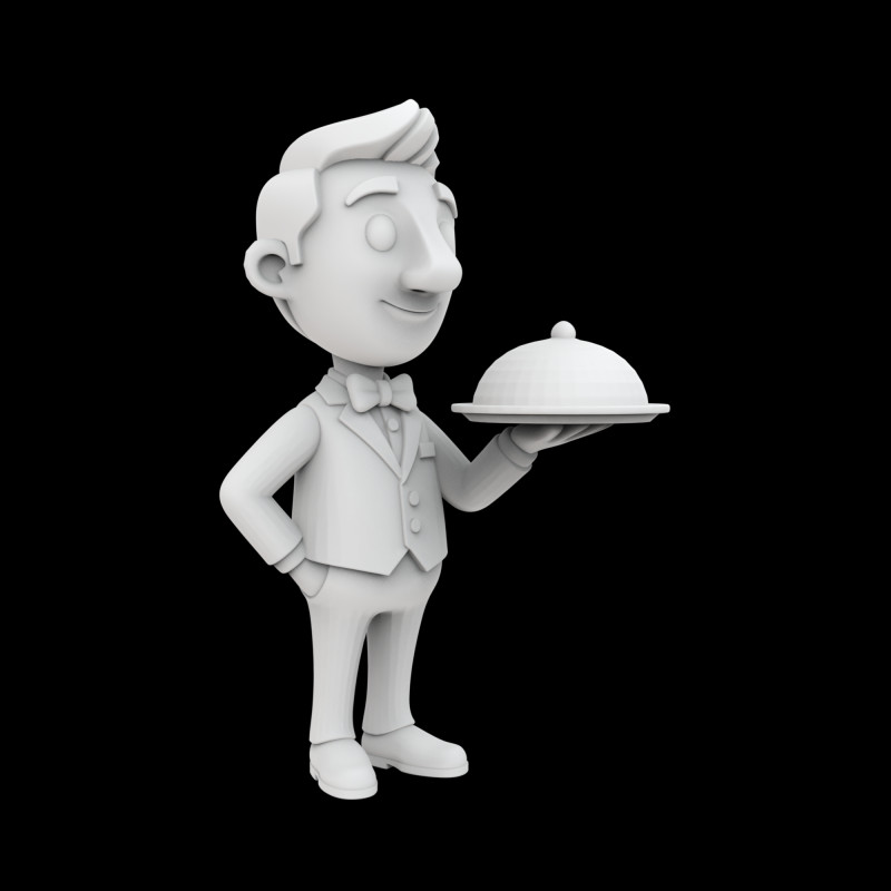 Waiter Cartoon Character 3D Printable Model vi 3D Baskı Modeli .c4d .max .obj .3ds .fbx .stl .blend 