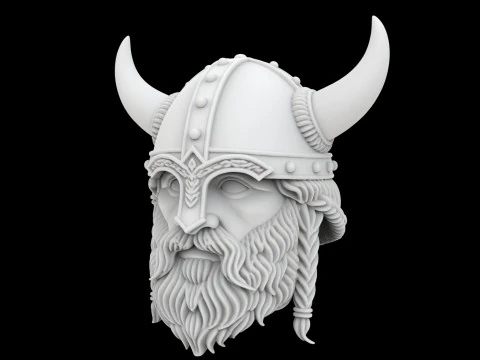 Viking Horned Helmet with Beard and Braids 3D Print Model