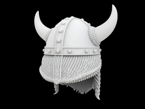 Viking Horned Helmet with Beard and Braids 3D Print Model