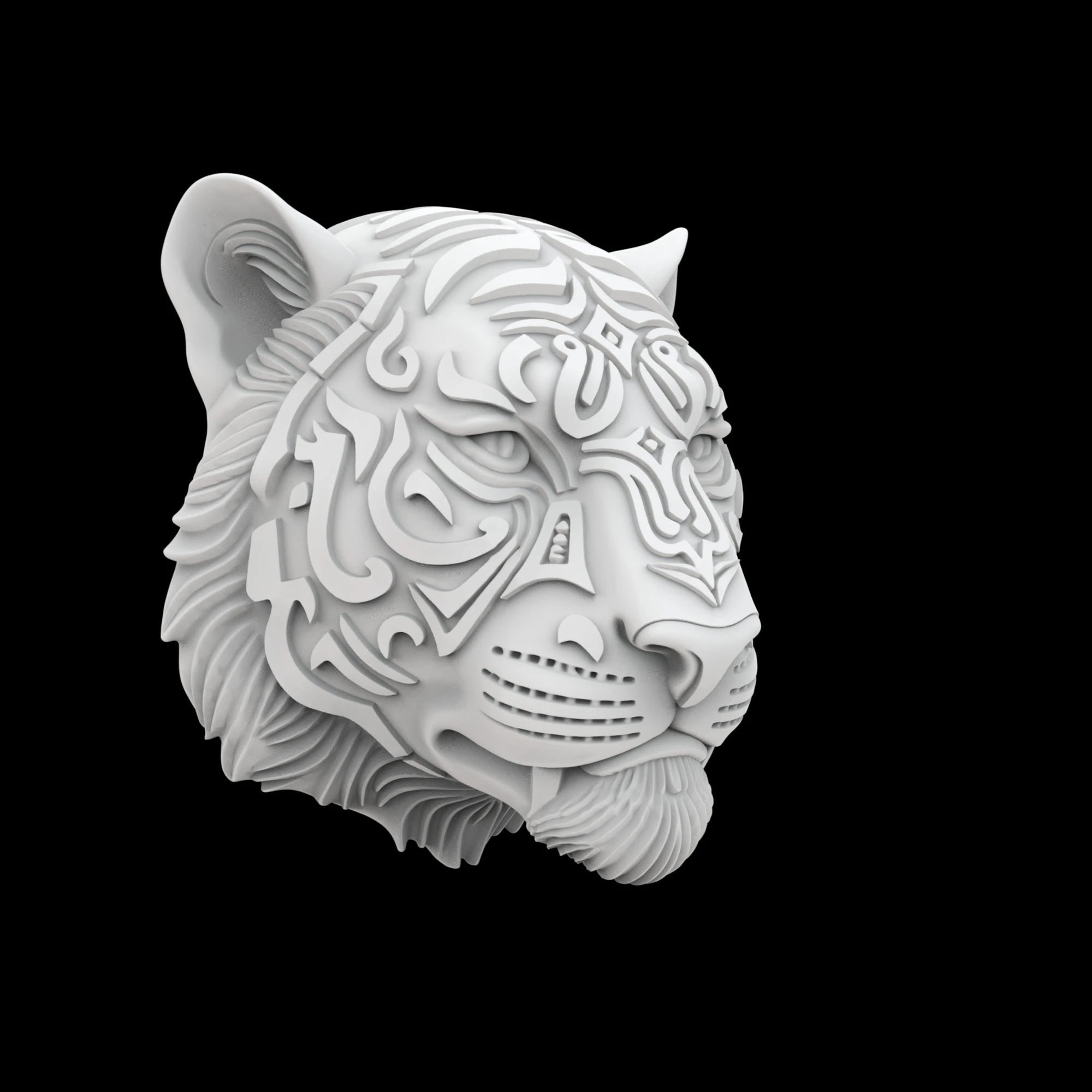 Tiger Face with Intricate Tribal 3D Print Model .c4d .max .obj .3ds .fbx .stl .blend 
