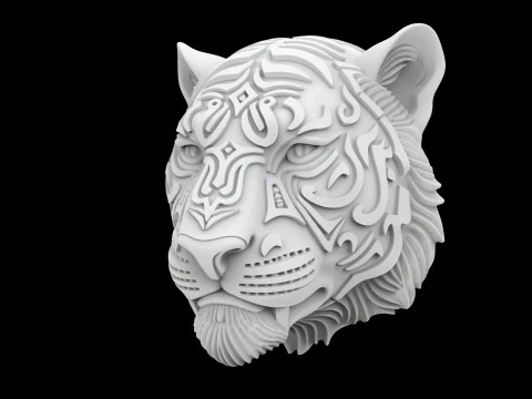 Tiger Face with Intricate Tribal 3D Print Model
