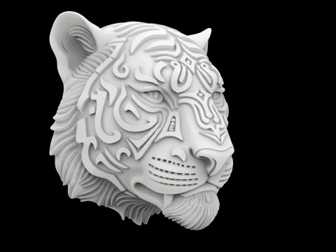 Tiger Face with Intricate Tribal 3D Print Model