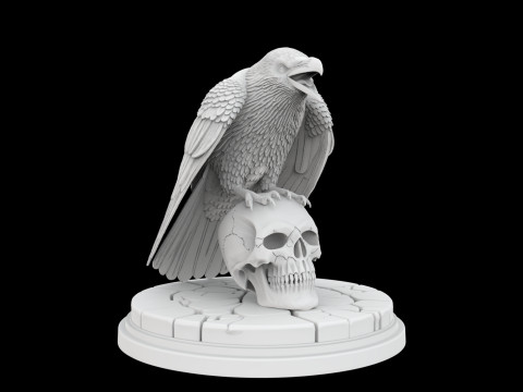 Perched Raven Cawing on Skull 3D Принт Модель