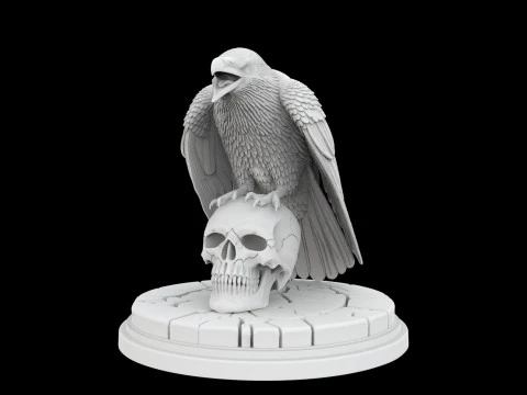 Perched Raven Cawing on Skull 3D Print Model