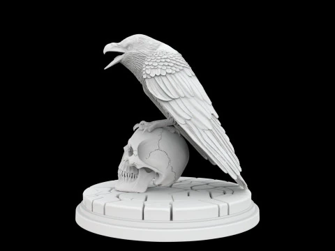 Perched Raven Cawing on Skull 3D Print Model