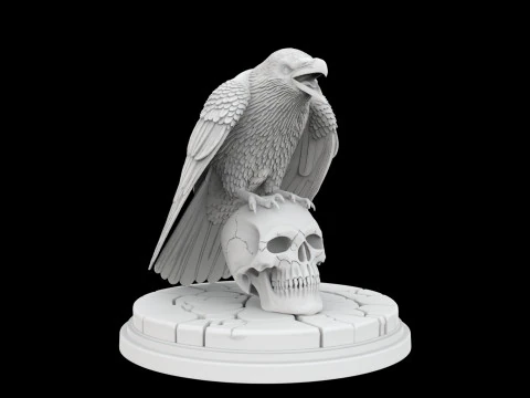 Perched Raven Cawing on Skull 3D Print Model