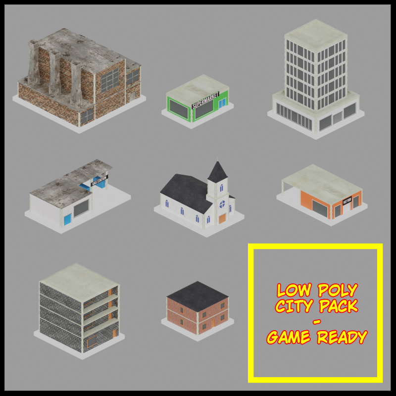 Low Poly City Pack Game Ready Buildings 3D Модель .c4d .max .obj .3ds .fbx .stl .blend 
