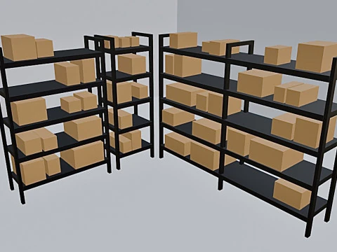 Low-poly Warehouse Shelves with Boxes 3D Model