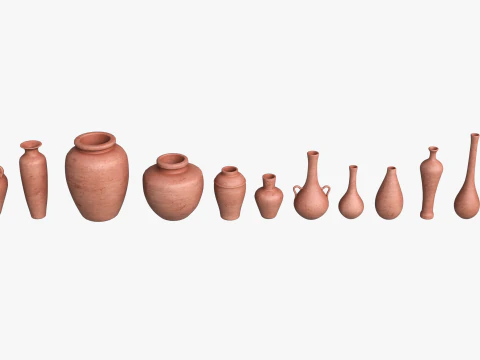 12 Antik Kil Çömlek Koleksiyonu Düşük Poli PBR'nin 4K Dokuları 3D Model