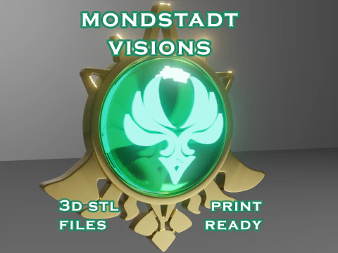 3D プリント用 Mondstadt ビジョン セット -- 原神 -- ビジョン フレームと 7 つの異なる石 3Dプリントモデル