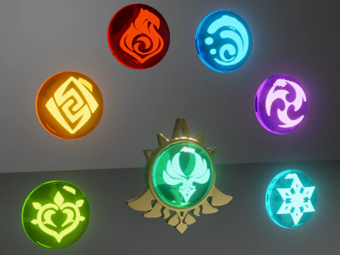 3D 프린팅을 위한 Mondstadt 비전 세트 -- Genshin Impact -- 비전 프레임과 7개의 다른 돌 3D 프린트 모델