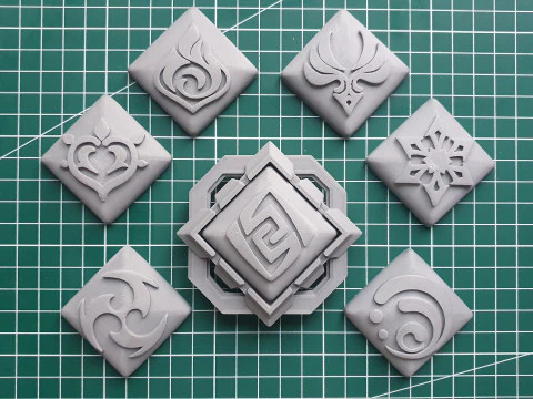Liyue Vision Set for 3D Printing -- Genshin Impact -- Vision Frame and 7 Different Stone 3D Print Model