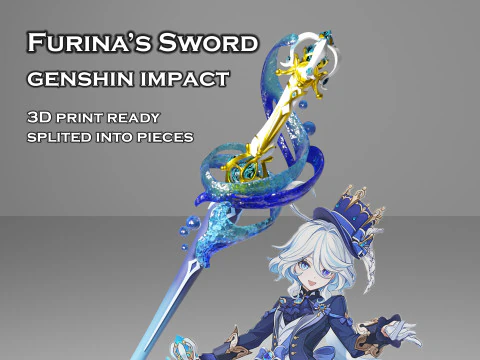 Pedang Furina - Genshin Impact - Kemegahan Perairan Tenang - Properti Cosplay 3D yang Dapat Dicetak Model Cetak 3D