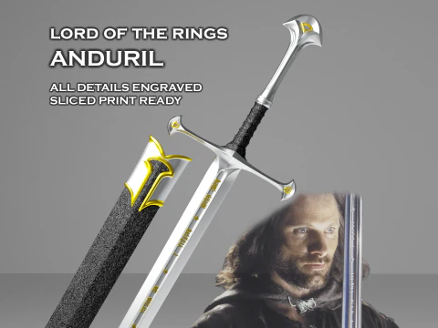 Anduril -- Lord of the Rings -- Semua Detail Terukir -- Dapat Dicetak 3D dan Diiris Model Cetak 3D