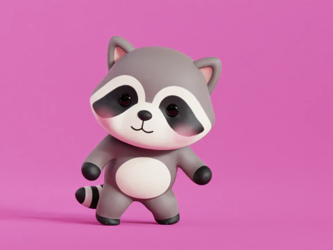 Cartoon Raccoon Chibi Kawaii Character Rigged Animated Low-poly 3D Model