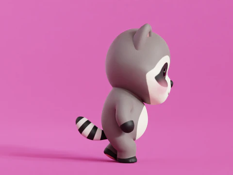 Cartoon Raccoon Chibi Kawaii Character Rigged Animated Low-poly 3D Model