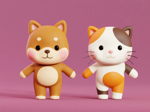 Мультяшный кот и собака Шиба Чиби Каваи Персонажи Животные Пакет Низкополигональная 3D Модель
