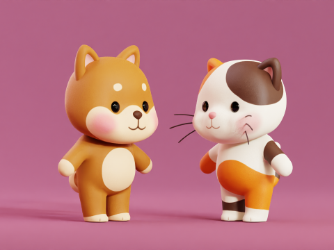 Cartoon Cat and Dog Shiba Chibi Kawaii Characters Animals Pack Low-poly 3Dモデル