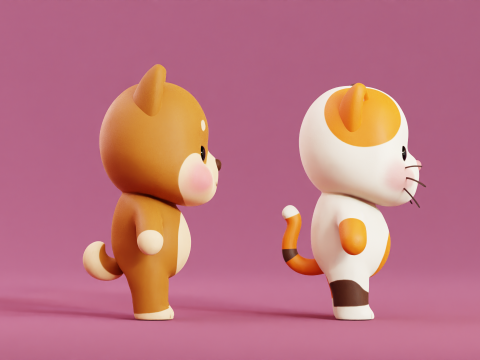 Cartoon Cat and Dog Shiba Chibi Kawaii Characters Animals Pack Low-poly 3Dモデル
