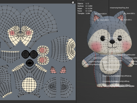 늑대 캐릭터 만화 꼬마 가와이 Rigged 애니메이션 3D 모델
