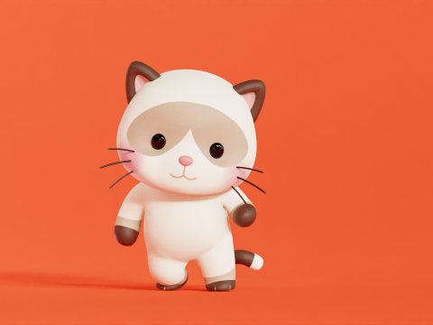 Gatto personaggio dei cartoni animati siamese Chibi Kawaii Modello 3D