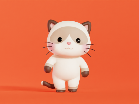 Gatto personaggio dei cartoni animati siamese Chibi Kawaii Modello 3D