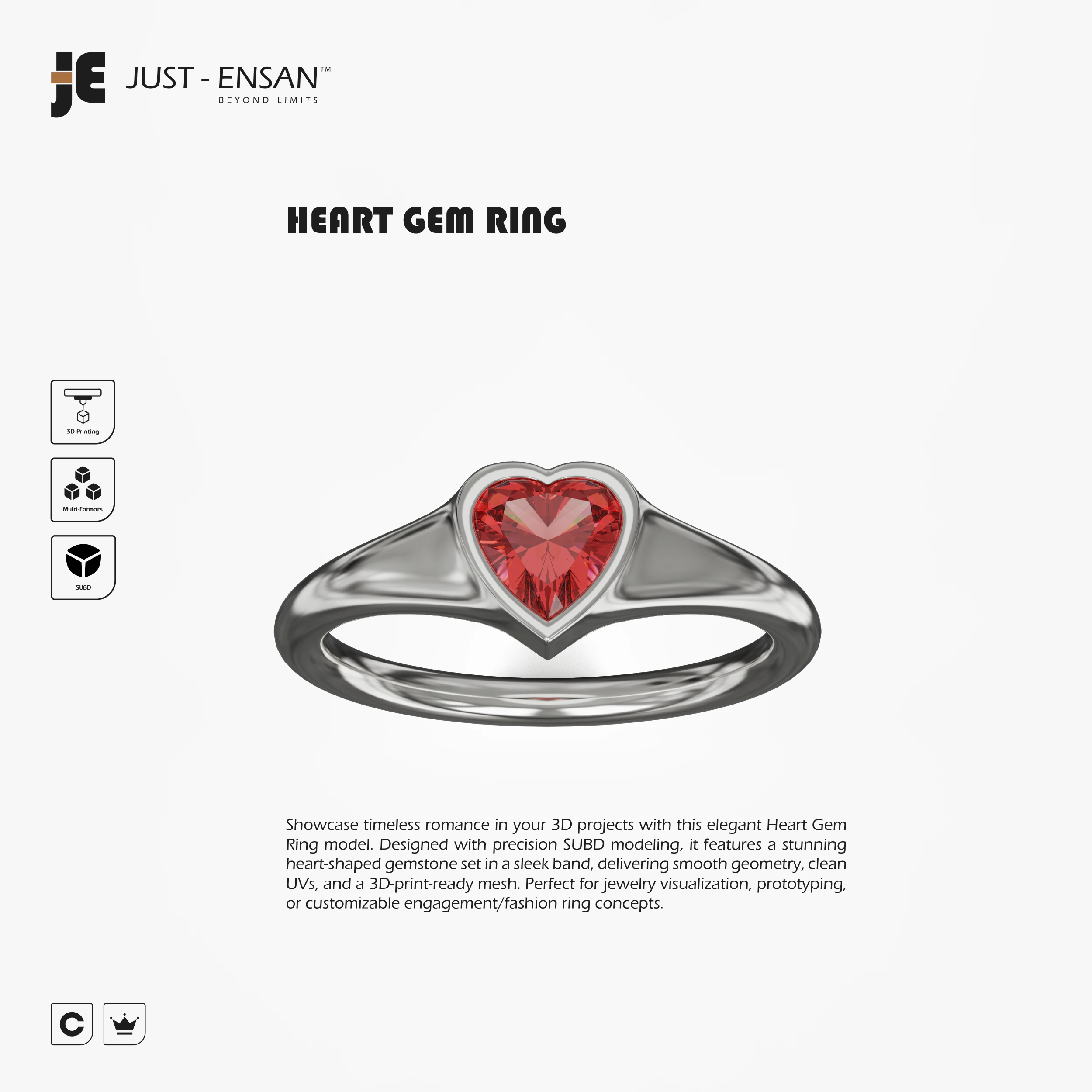 Heart Gem Ring 3D Print Model .c4d .max .obj .3ds .fbx .stl .blend 