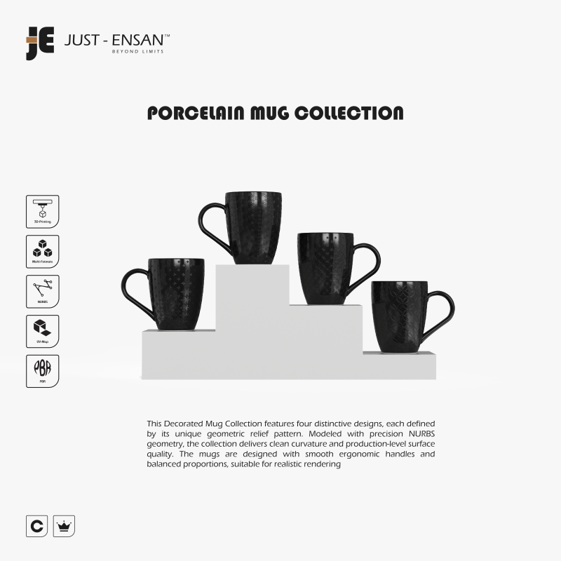 Decorated Porcelain Mug Collection 3D Model .c4d .max .obj .3ds .fbx .stl .blend