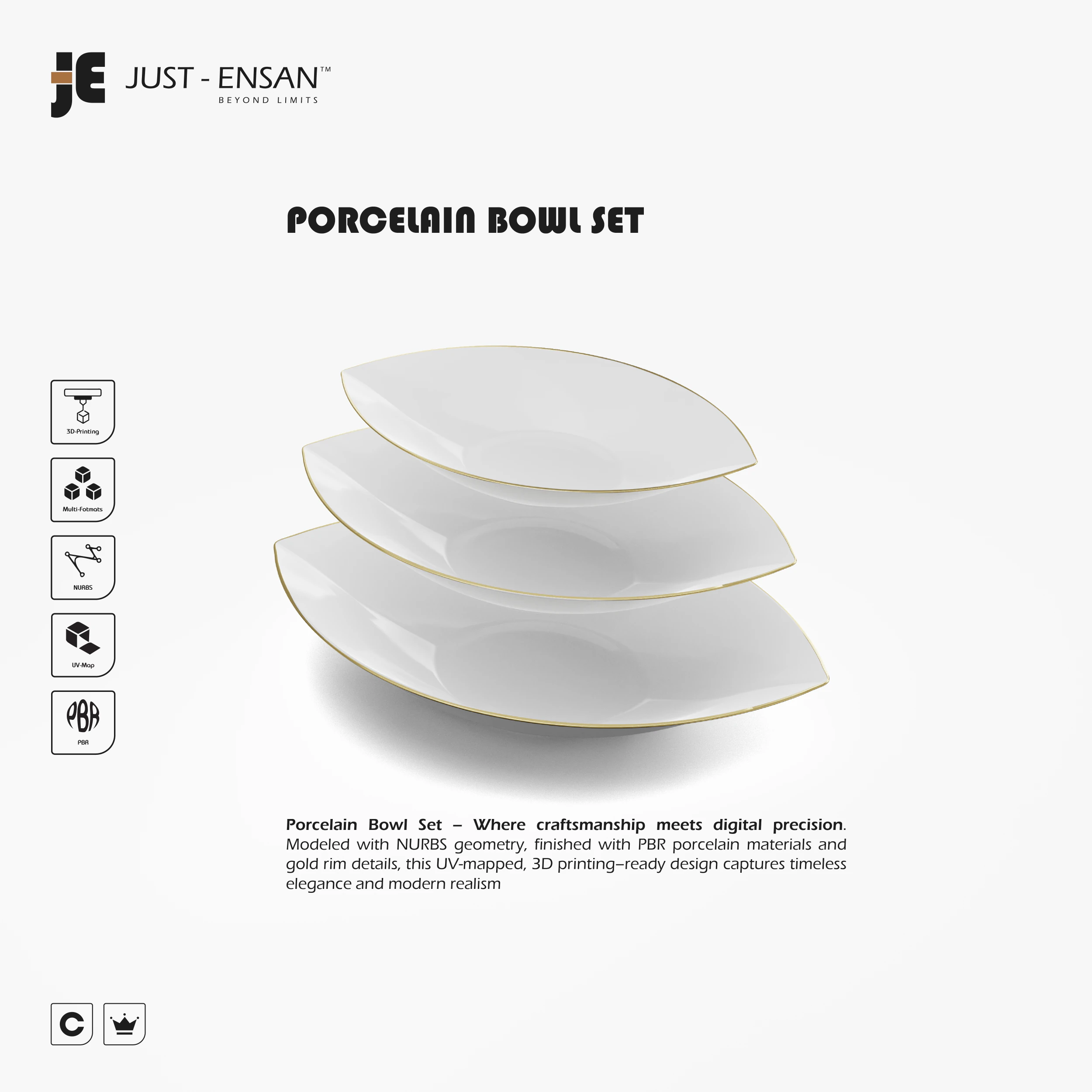 Leaf-Shaped Porcelain Bowl Set 3D Print Model .c4d .max .obj .3ds .fbx .stl .blend 