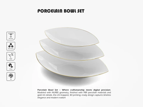 葉っぱ型磁器ボウルセット 3Dプリントモデル