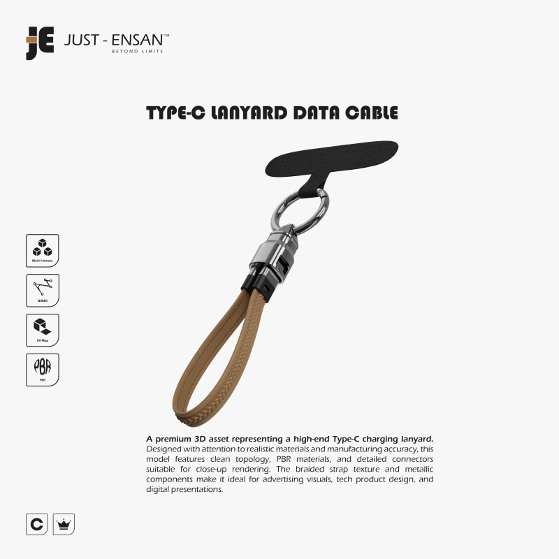 Charging Cord - Type-C Lanyard Cable 3D Модель .c4d .max .obj .3ds .fbx .stl .blend