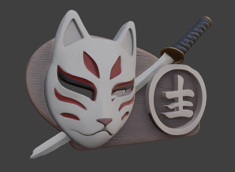 Kitsune Guardian Emblem Japanese Ritual Wall Prop FBX 3D Model .c4d .max .obj .3ds .fbx .stl .blend 