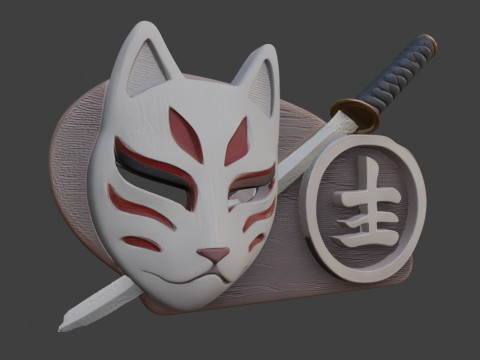 Kitsune Guardian Emblem Japanese Ritual Wall Prop FBX Modelo 3D