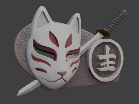 Kitsune Guardian Embl&egrave;me Rituel Japonais Wall Prop FBX Modèle 3D
