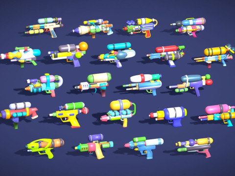 Pack de jouets Blaster pistolet à eau - Jouet hyper décontracté de dessin animé stylisé Low Poly - Collection enfants Modèle 3D