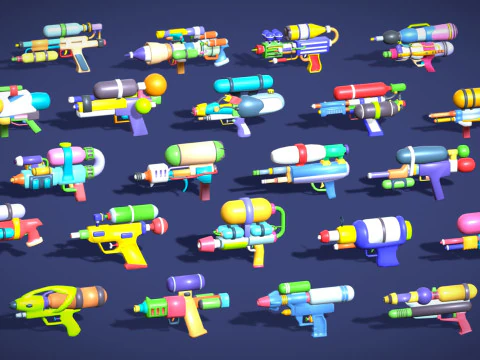 Watergun Blaster Toy Pack - Lowpoly Stylized Cartoon Hyper Casual Toy - Kids Collection 3D Model
