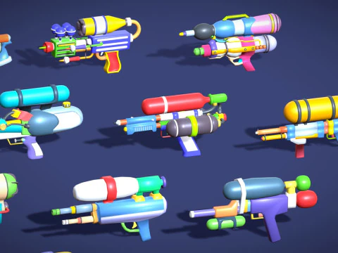 Watergun Blaster Toy Pack - Lowpoly Stylized Cartoon Hyper Casual Toy - Kids Collection 3D Model
