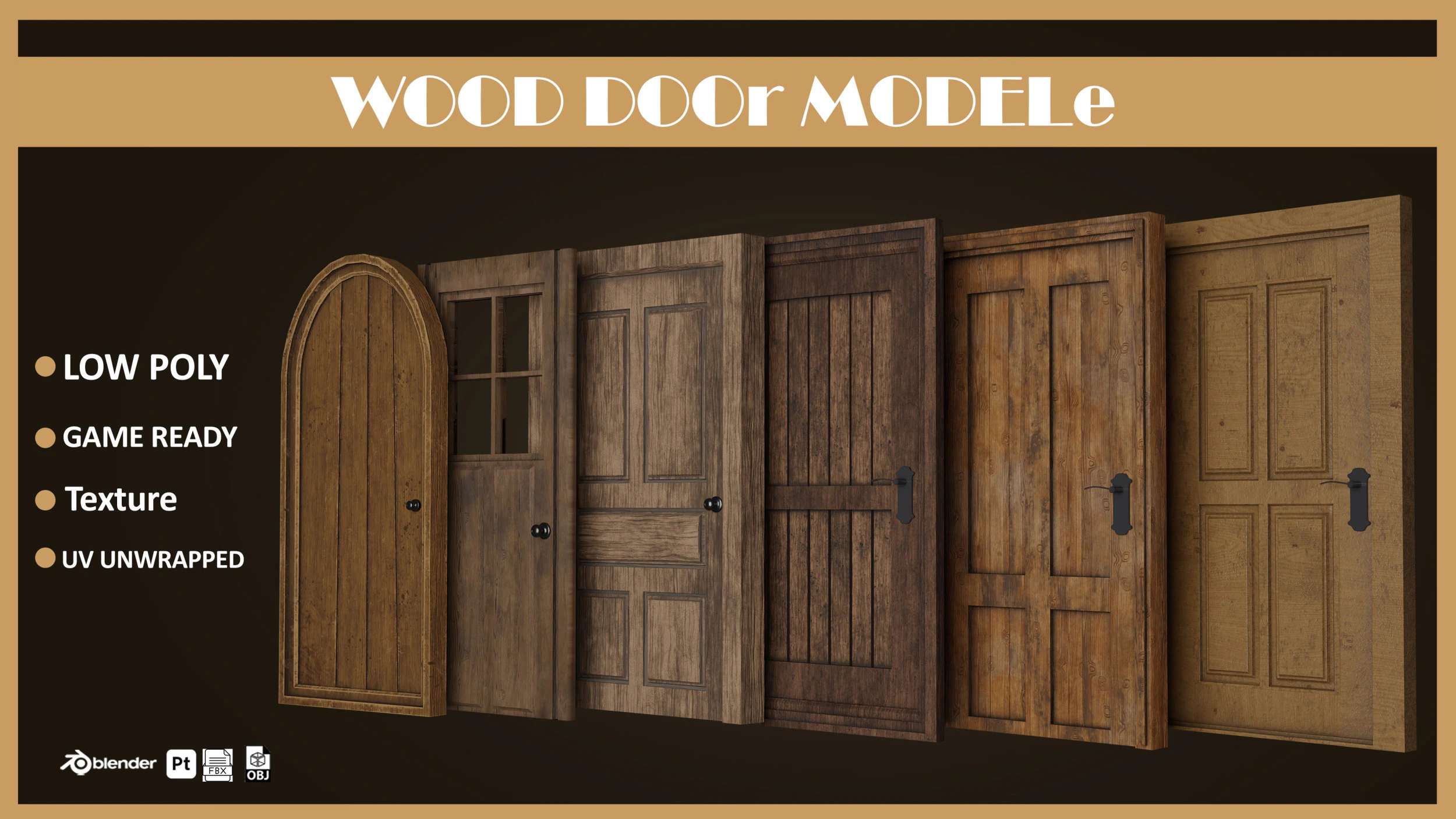 Wooden Door Pack Low-poly 3D Model .c4d .max .obj .3ds .fbx .stl .blend
