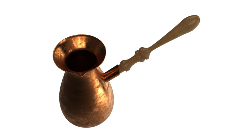 Copper Turkish Coffee Pot with Wooden Grip 3D Model .c4d .max .obj .3ds .fbx .stl .blend