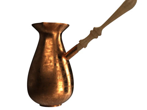 Copper Turkish Coffee Pot with Wooden Grip 3D Model