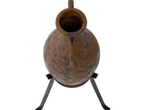 Antiqued Greek Terracotta Amphora on Metal Stand 3D Model