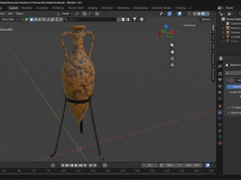 Antiqued Greek Terracotta Amphora on Metal Stand 3D Model
