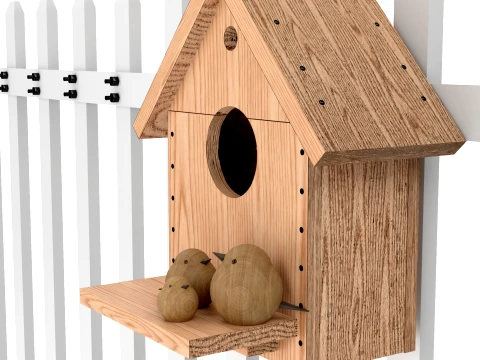 Bird House with White Picket Fence Section 3D Model