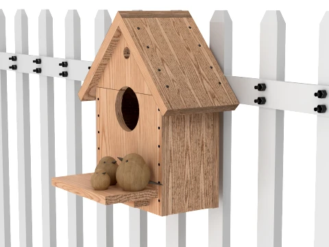 Bird House with White Picket Fence Section 3D Model