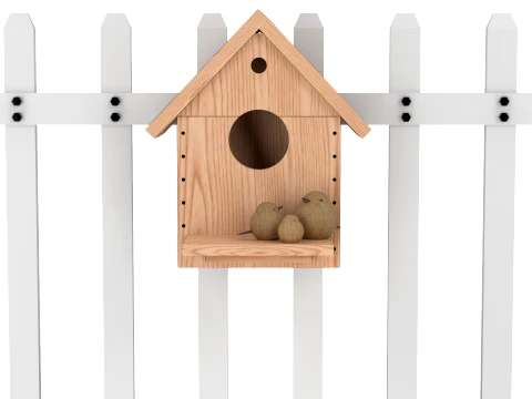 Bird House with White Picket Fence Section 3D Model