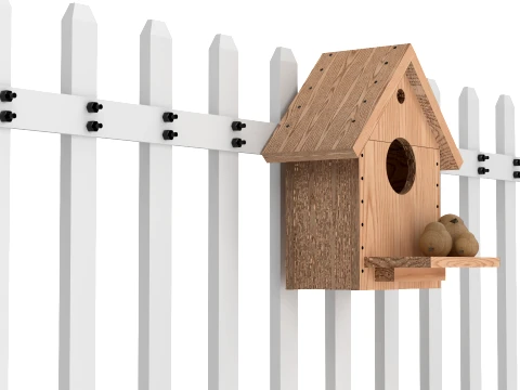 Bird House with White Picket Fence Section 3D Model