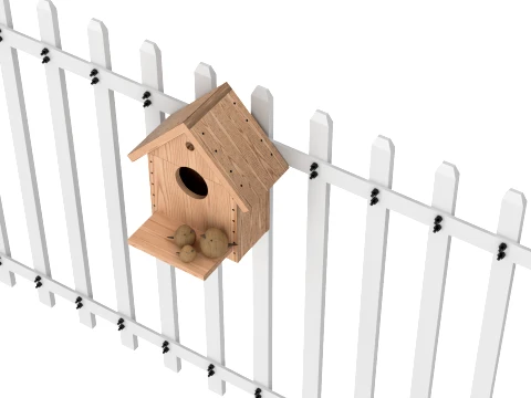 Bird House with White Picket Fence Section 3D Model