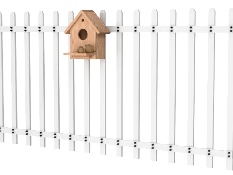 Bird House with White Picket Fence Section 3D Model